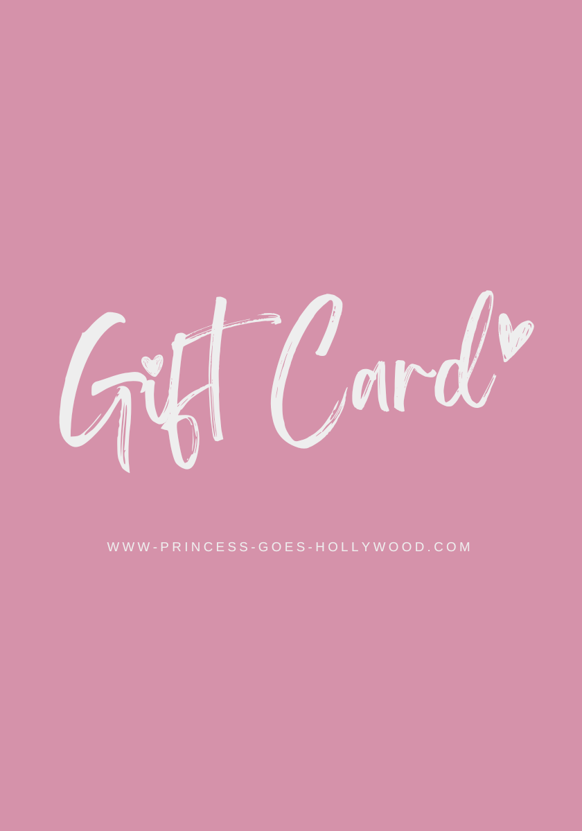 A pink background shows handwritten white “Gift Card” text with heart accents—ideal for any Princess Goes Hollywood fan. Below, “www.princess-goes-hollywood.com” appears in small, uppercase white letters for a simple, feminine look.