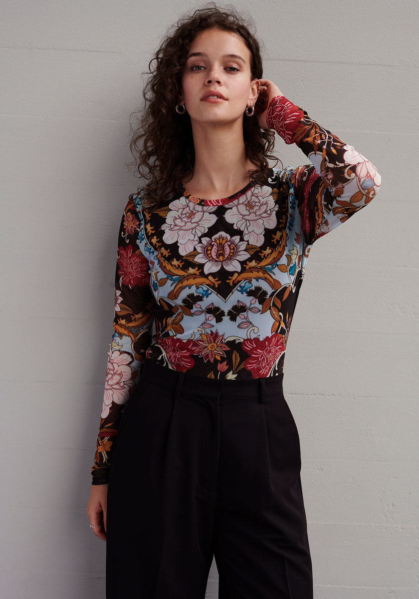 Chemise à manches longues en maille à fleurs rétro