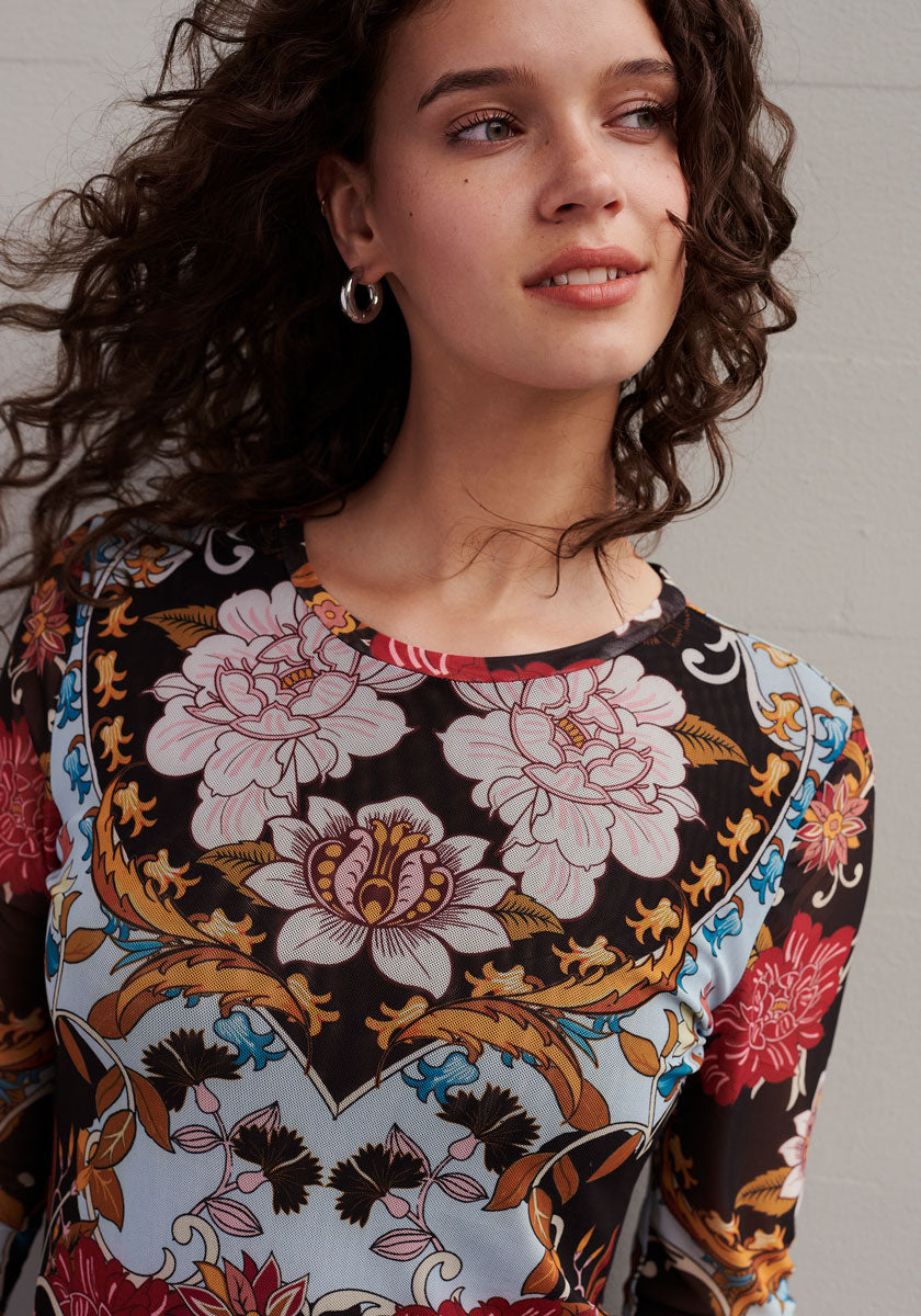 Chemise à manches longues en maille à fleurs rétro