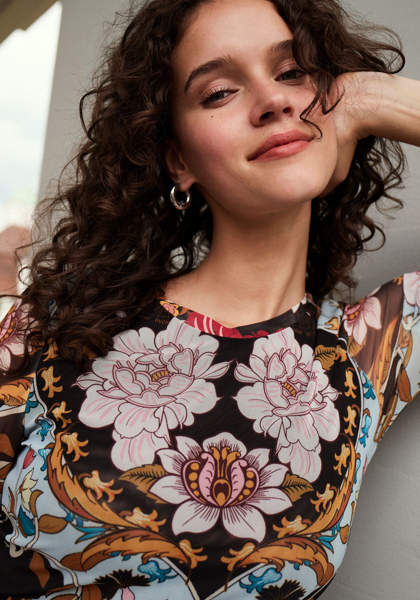Long mesh short-sleeved dress retro flowers