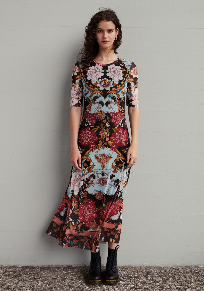 Long mesh short-sleeved dress retro flowers
