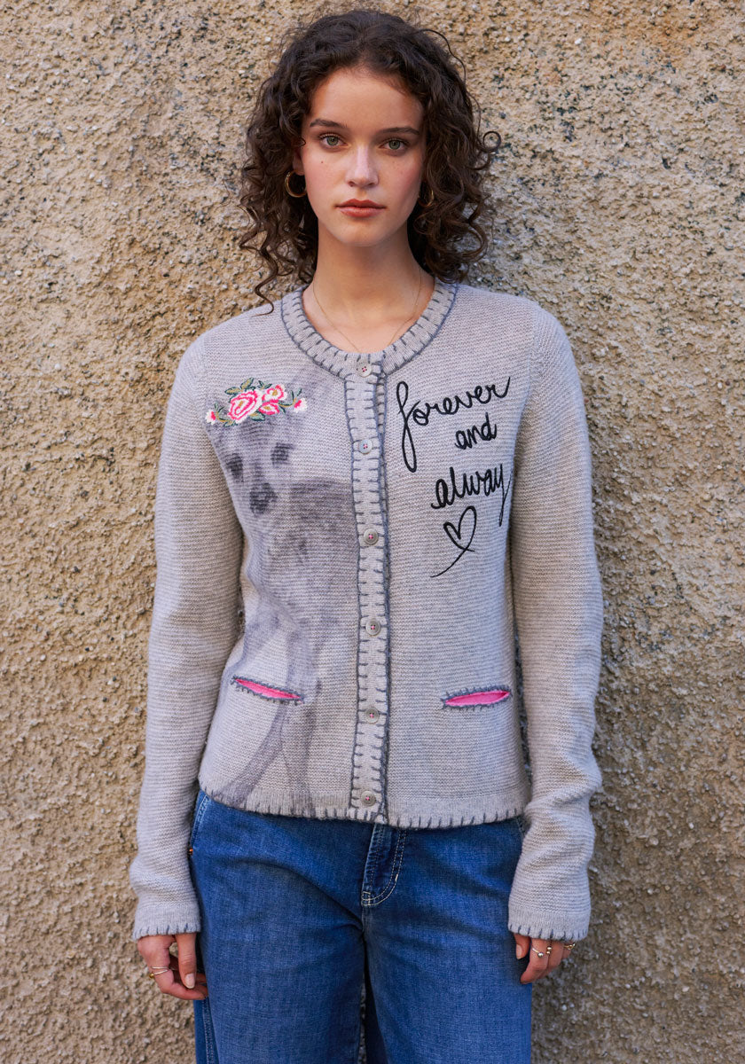 Cardigan with deer motif and hand-stitched details