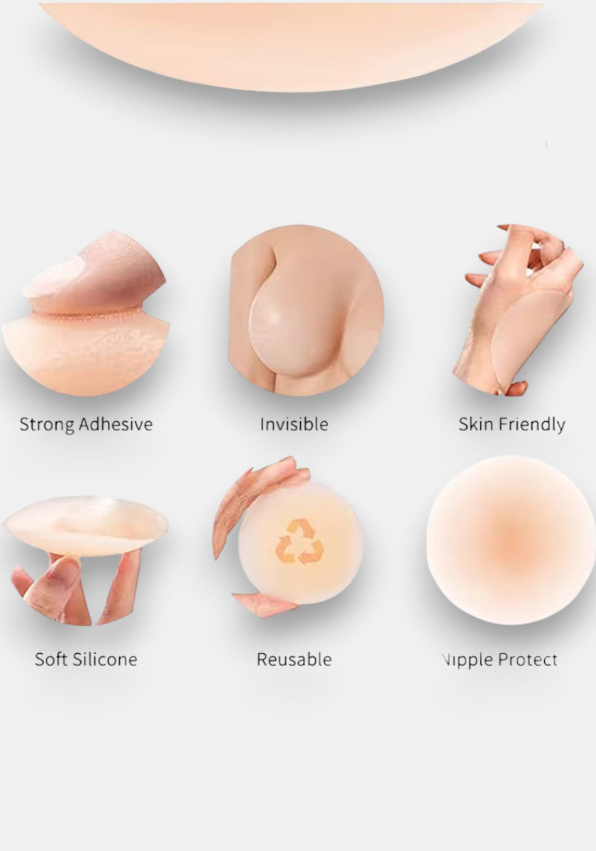 Six circular images show features of Princess Goes Hollywood selbstklebend Silikon Nipple Covers: strong adhesive, invisible under clothes, skin-friendly, soft silicone material, reusable design, and nipple protection, each demonstrated by hands.