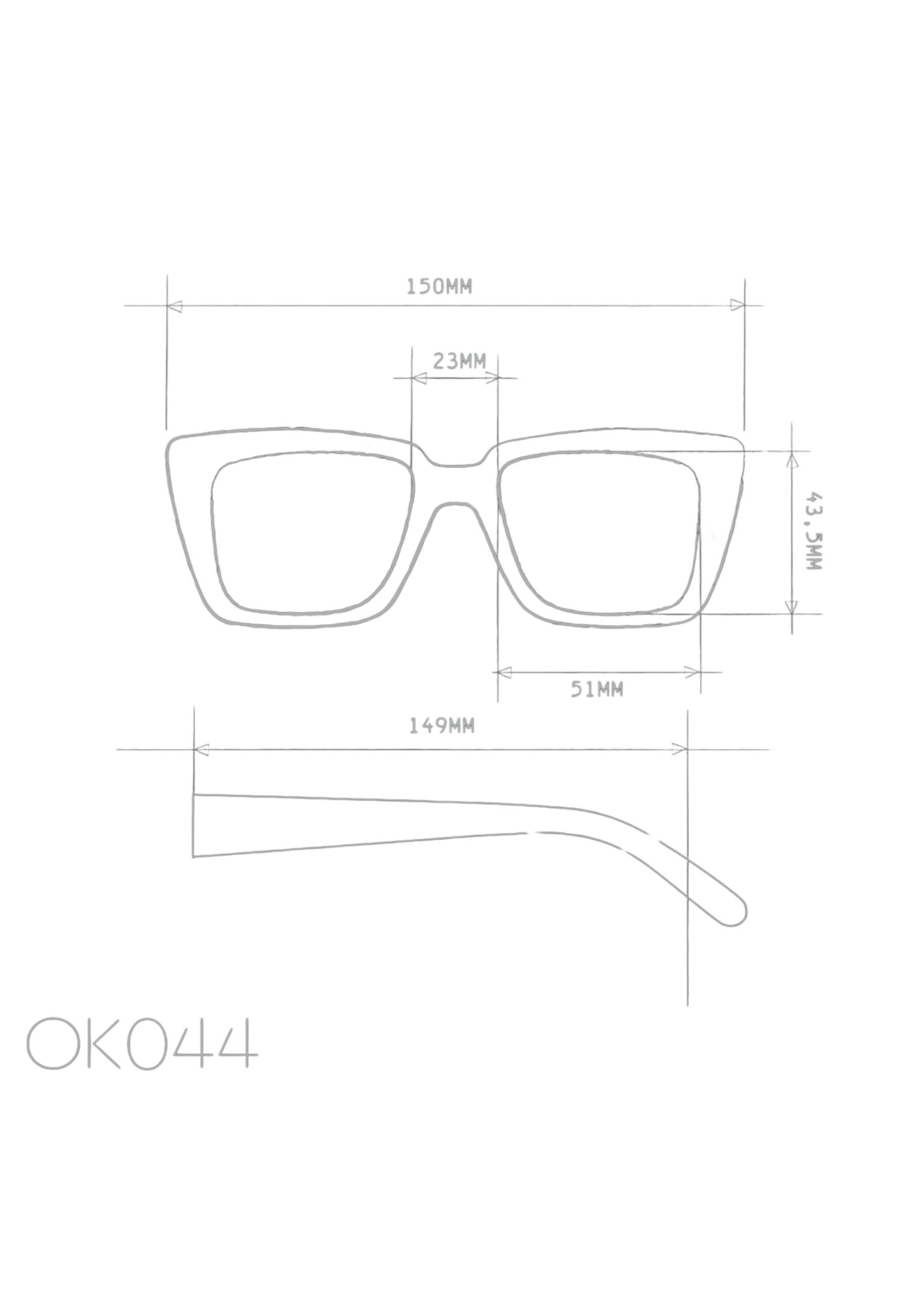 Line drawing of Okkia rectangular eyeglasses with measurements: frame width 150mm, lens width 51mm, lens height 43.3mm, bridge 23mm, temple length 149mm. “OK044” appears in the lower left corner.
