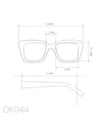 Line drawing of Okkia rectangular eyeglasses with measurements: frame width 150mm, lens width 51mm, lens height 43.3mm, bridge 23mm, temple length 149mm. “OK044” appears in the lower left corner.