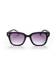 A pair of Okkia unisex black square-framed sunglasses with purple gradient lenses, featuring small white cross details near the hinges on both sides. The image appears against a plain white background.