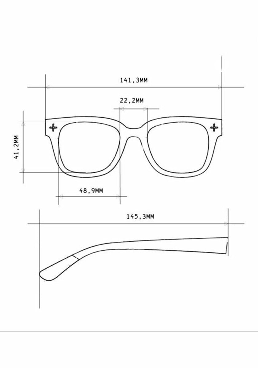 Black and white technical drawing of an Okkia Bildschirmbrille with frame width 141.3 mm, lens width 48.9 mm, lens height 41.2 mm, bridge width 22.2 mm, and temple arm length 145.3 mm. Top and side views shown for optimal comfort.