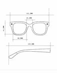 Black and white technical drawing of an Okkia Bildschirmbrille with frame width 141.3 mm, lens width 48.9 mm, lens height 41.2 mm, bridge width 22.2 mm, and temple arm length 145.3 mm. Top and side views shown for optimal comfort.