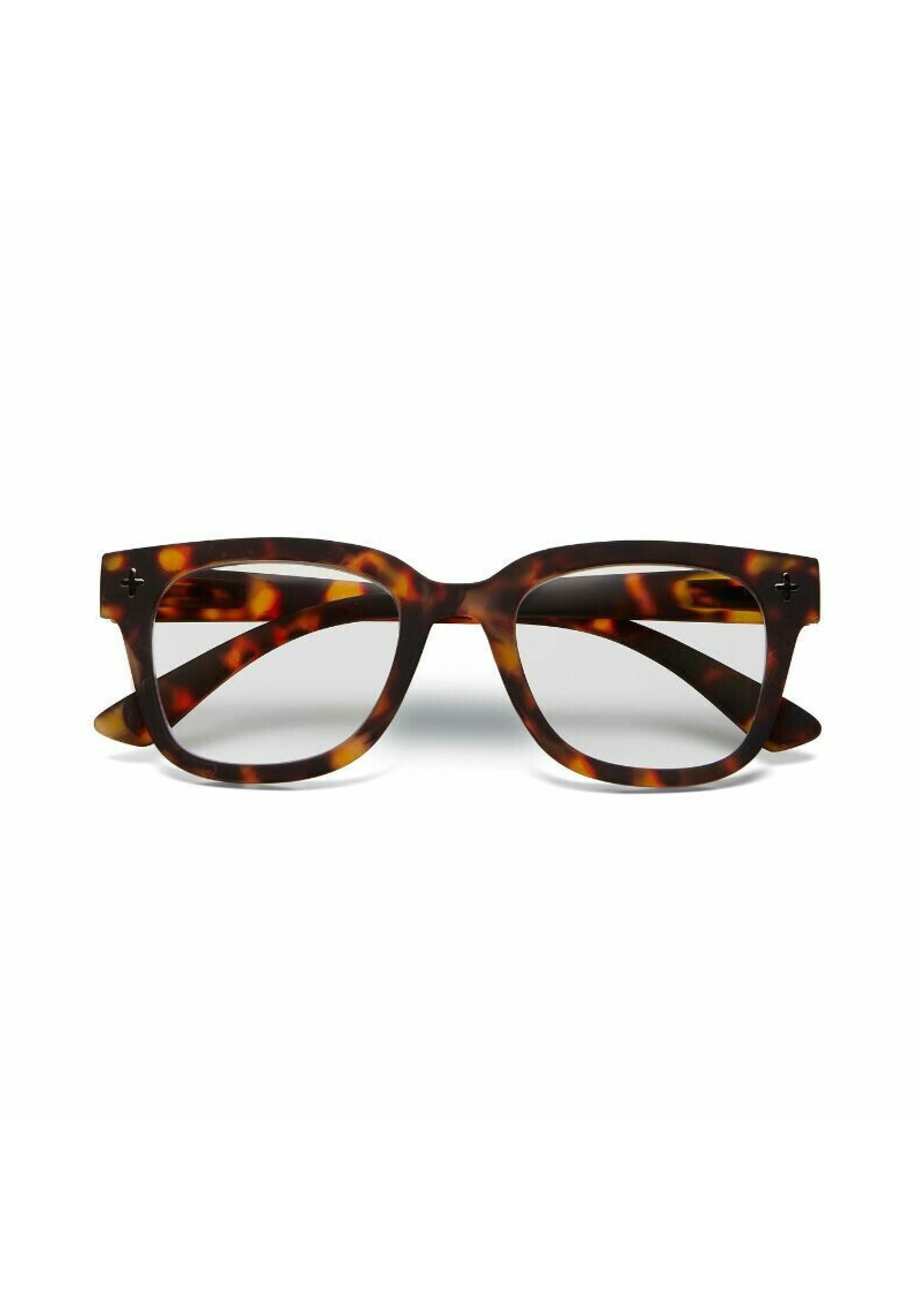Okkia Bildschirmbrille with a rectangular frame in brown and amber tortoiseshell, shown front-facing on white. Features clear lenses, sturdy temples, and enhanced Tragekomfort for daily wear.