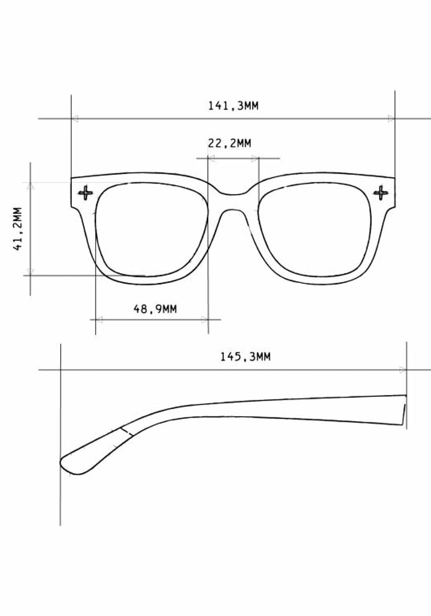Technical drawing of Okkia Lesebrille eyeglasses with square frames. Front view: 141.3 mm wide, 41.2 mm high, lens width 48.9 mm, bridge 22.2 mm; side view: temple length 145.3 mm.