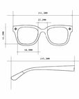 Technical drawing of Okkia Lesebrille eyeglasses with square frames. Front view: 141.3 mm wide, 41.2 mm high, lens width 48.9 mm, bridge 22.2 mm; side view: temple length 145.3 mm.