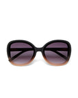Front view of oversized Okkia Butterfly-Stil Sonnenbrille with rounded square black-to-light brown frames, dark purple UV-Schutz lenses, and visible arms, all set against a white background.