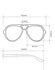 Strichzeichnung der Okkia Aviator Sonnenbrille mit den Maßen: Gesamtbreite 153,6mm, Glas 64,7mm x 57,4mm, Steg 21,4mm, Bügellänge 144,9mm; Vorder- und Seitenansicht dieser Unisex-Brille sind abgebildet.