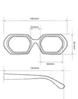 Technische Zeichnung der Okkia Andrea Sonnenbrille mit sechseckigem Design: achteckige Gläser, Vorder-/Seitenansicht. Beschriftete Maße: Rahmen 146,5 mm, Gläser 48,9 mm, Brücke 22,9 mm, Bügel 139,3 mm. Inklusive UV 400 Schutz.