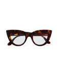 Okkia cat-eye sunglasses featuring a bold design, thick frames in brown and amber Schildpattmuster, clear lenses, and slightly curved matching arms—shown against a plain white background.