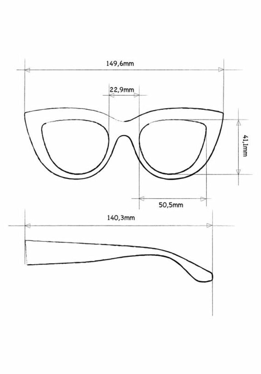 Line drawing of Okkia Lesebrille in Cat-Eye design with lens width 50.5mm, bridge 22.9mm, frame 149.6mm, lens height 41.1mm; side view shows curved temple measuring 140.3mm.