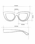 Line drawing of Okkia Lesebrille in Cat-Eye design with lens width 50.5mm, bridge 22.9mm, frame 149.6mm, lens height 41.1mm; side view shows curved temple measuring 140.3mm.