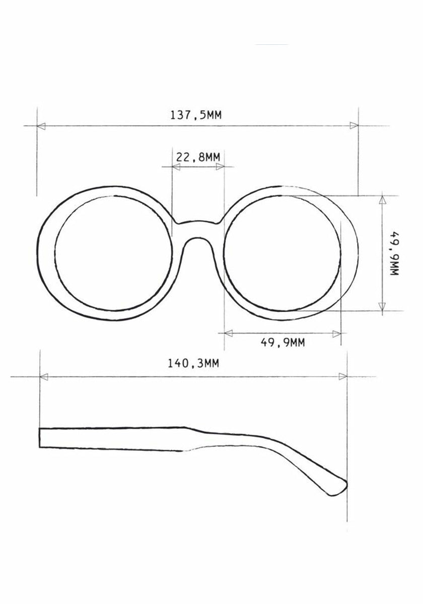 Black and white technical drawing of Okkia round Oversize-Design eyeglass frames showing top and side views with dimensions: frame width 137.5mm, lens width 49.9mm, bridge 22.8mm, lens height 49mm, and temple length 140.3mm.