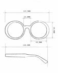 Black and white technical drawing of Okkia round Oversize-Design eyeglass frames showing top and side views with dimensions: frame width 137.5mm, lens width 49.9mm, bridge 22.8mm, lens height 49mm, and temple length 140.3mm.