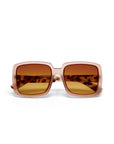 Okkia rectangular sunglasses with a matte mauve pink frame, amber-tinted lenses, and brown-beige tortoiseshell arms. Offering UV 400 protection, this stylish oversized design is shown facing forward on a white background.