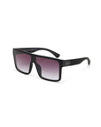A rectangular pair of black-framed Okkia sunglasses in oversized style with wide arms. The gradient lenses feature UV400 protection, fading from dark to light purple. Okkia is printed in white on the left arm, shown on a white background.
