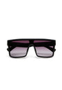 A pair of Okkia oversized rectangular sunglasses with a thick black frame and dark gradient lenses. Modern oversized style, sharp angles, and UV 400 protection; lenses fade from black to a lighter shade.