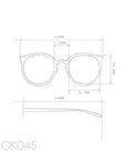 Line drawing technical diagram of Okkia Berlino Sonnenbrille eyeglasses with front/side views and measurements: frame 144mm, lens 54.5mm, bridge 25mm, lens height 50mm, temple arm 140mm. UV400 Schutz. Model OK045 in bottom left.