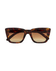Okkia rectangular cat-eye sunglasses with a brown tortoiseshell pattern and gradient brown lenses, showcased on a white background. The bold frame has pointed corners and thick arms, giving a modern, stylish appeal.