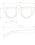 Strichzeichnung der Okkia Cat-Eye-Sonnenbrille mit UV-400-Schutz; Abmessungen: Breite 147,0 mm, Linse 55,9 mm x 51,2 mm, Brücke 22,2 mm, Armlänge 142,3 mm - alle Maße sind zur besseren Übersichtlichkeit mit Pfeilen markiert.