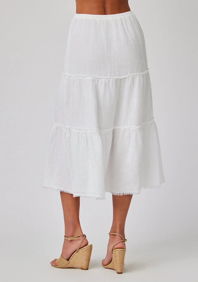 A person wears a white Bella Dahl Leinen Midirock im Stufenschnitt with a raw hem, paired with tan wedge sandals featuring ankle straps. The light grey background accentuates the skirt and lower legs as they stand facing away.