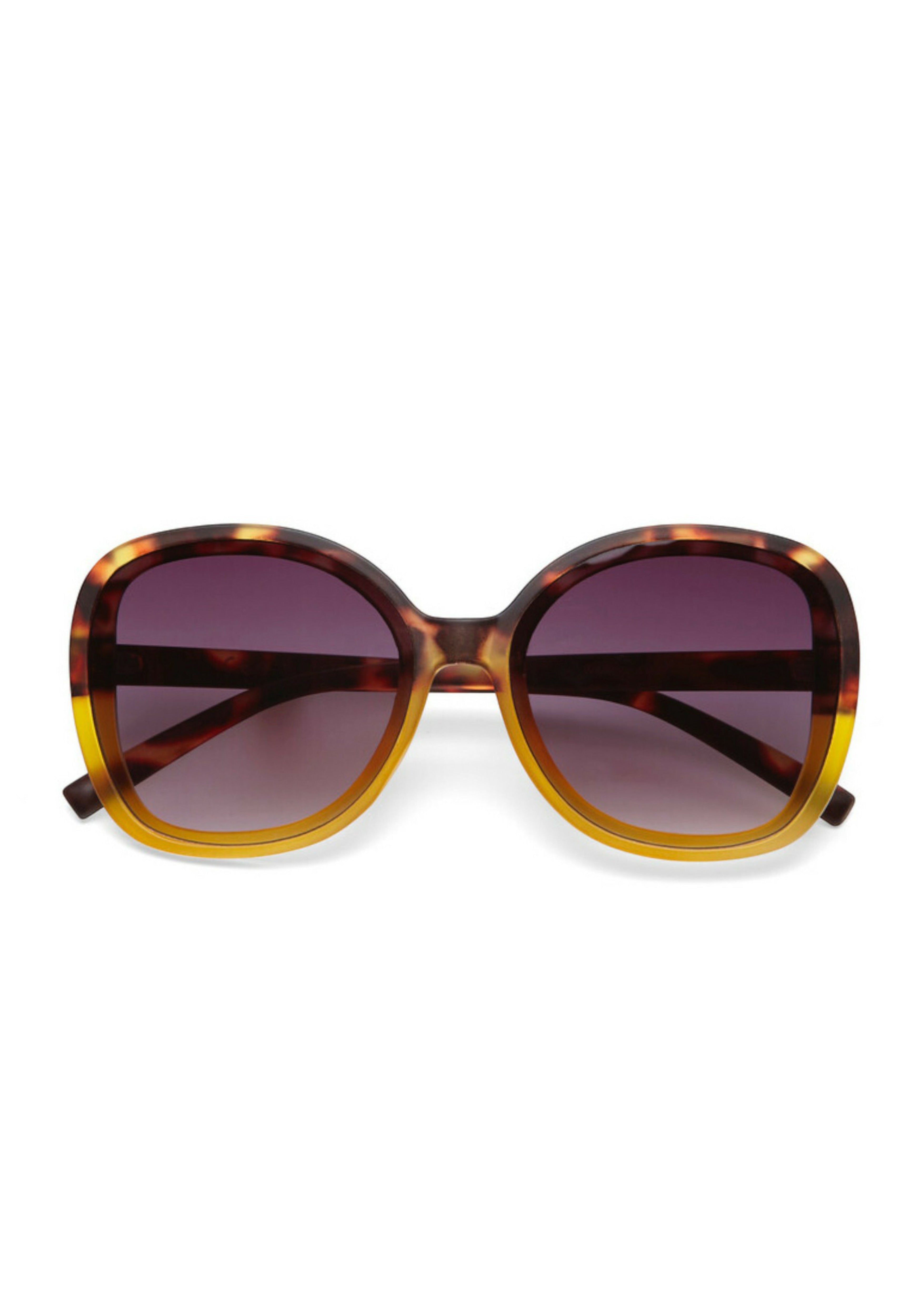 Front view of Okkia Butterfly-Design Sonnenbrille with a tortoiseshell top frame, translucent yellow bottom, gradient purple tinted lenses, and dark brown arms, creating a bold and stylish appearance.