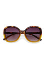 Front view of Okkia Butterfly-Design Sonnenbrille with a tortoiseshell top frame, translucent yellow bottom, gradient purple tinted lenses, and dark brown arms, creating a bold and stylish appearance.