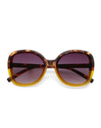 Front view of Okkia Butterfly-Design Sonnenbrille with a tortoiseshell top frame, translucent yellow bottom, gradient purple tinted lenses, and dark brown arms, creating a bold and stylish appearance.