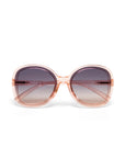 Okkia pink oversized square sunglasses with transparent blush frames and large dark gradient lenses are centered on a plain white background, showcasing a butterfly style and reliable UV protection. The glasses face forward, displaying the full frame.