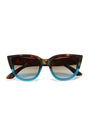 Front view of Okkia cat-eye sunglasses with a brown tortoiseshell pattern on the top half, teal blue on the lower half, gradient tinted lenses, and wide arms.