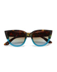Front view of Okkia cat-eye sunglasses with a brown tortoiseshell pattern on the top half, teal blue on the lower half, gradient tinted lenses, and wide arms.