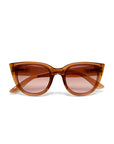 Front view of Okkia brown Cat-Eye sunglasses with thick, glossy frames and lightly tinted brown lenses offering UV protection. Gently curved arms are shown against a plain white background.
