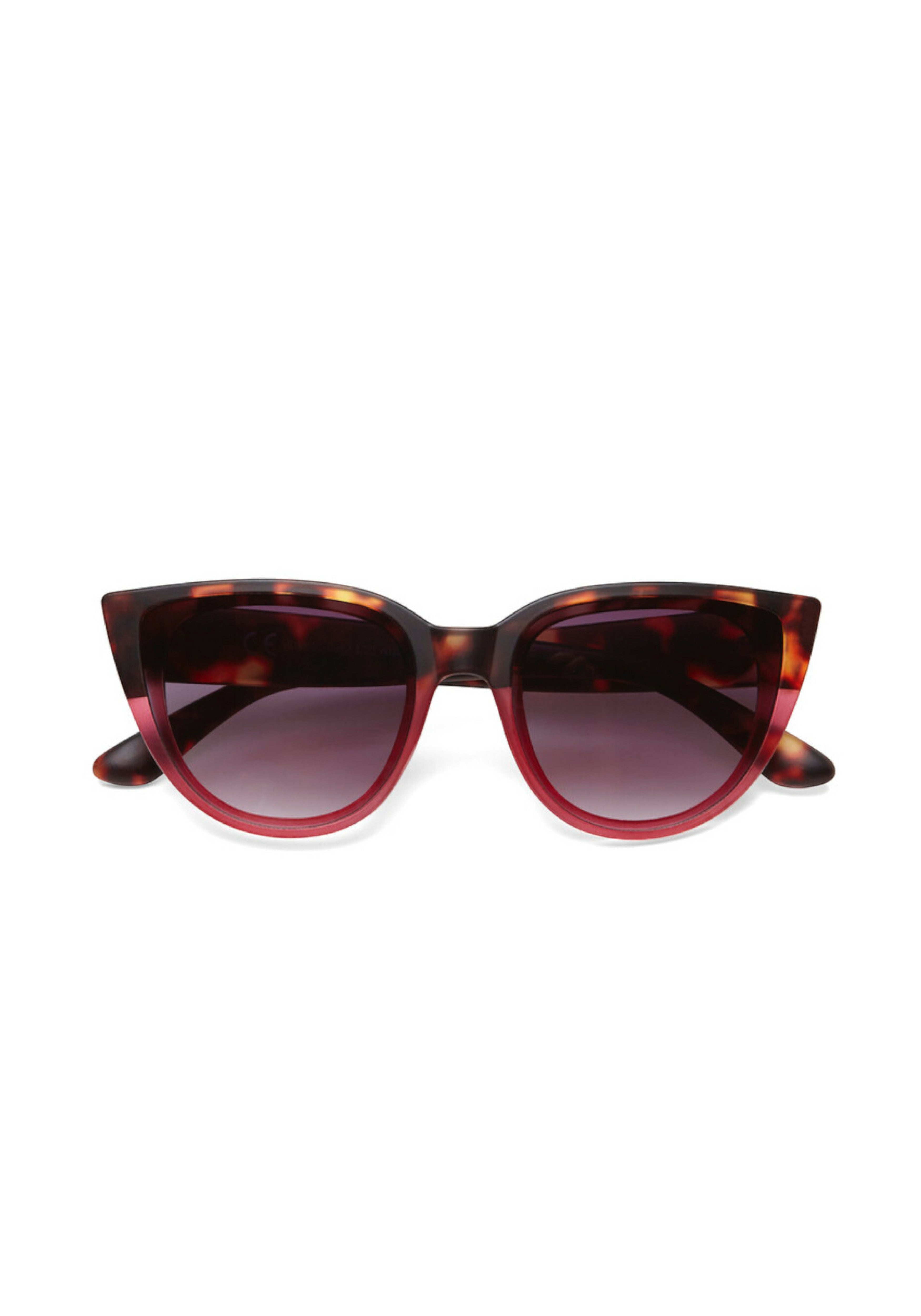A pair of Okkia Cat-Eye sunglasses with a dark tortoiseshell frame, red accents, gradient dark purple lenses, UV protection, and softly curved arms is shown on a plain white background.