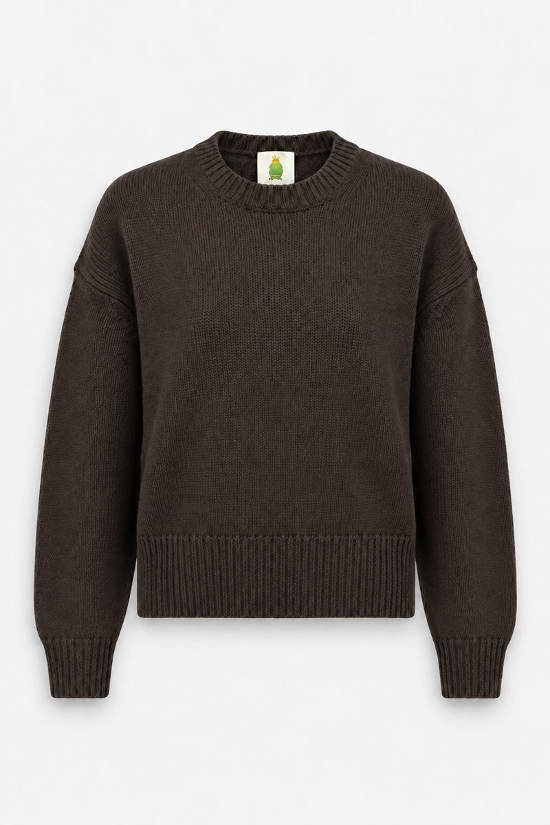 Ein dunkelbrauner, langärmeliger Damenpullover mit Rundhalsausschnitt ist vor einem schlichten weißen Hintergrund abgebildet. Er hat einen gerippten Kragen, gerippte Ärmelbündchen und einen gerippten Saum sowie ein kleines rechteckiges Etikett am Halsausschnitt, auf dem ein grüner Frosch mit einer Krone abgebildet ist.