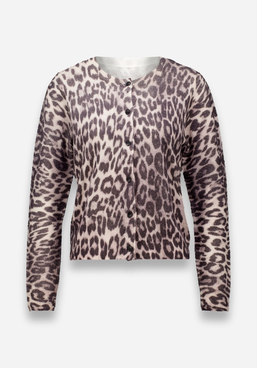 Langärmelige Princess Goes Hollywood Damen Kaschmir Strickjacke in braunem und cremefarbenem Leo-Print aus weichem, leicht flauschigem Stoff mit Rundhalsausschnitt, Rippbündchen an Ärmeln und Saum und kleinen Knöpfen für einen nahtlosen, stilvollen Look.