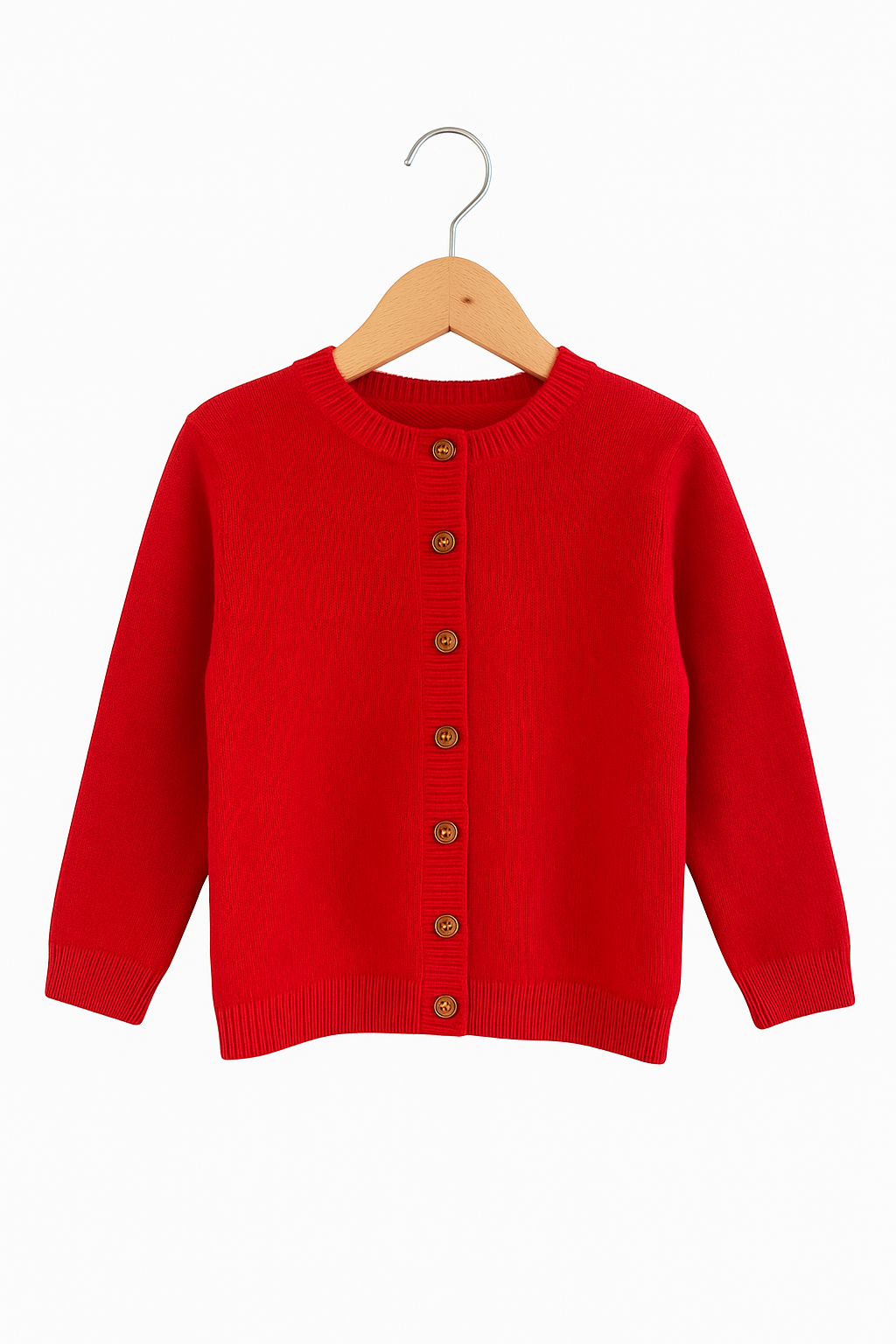 Eine knallrote, langärmelige Strickjacke Kinder von Princess Goes Hollywood mit Kaschmir hängt an einem Holzbügel. Sie hat einen Rundhalsausschnitt, sieben braune Knöpfe, Rippbündchen an Ärmeln und Saum, abgebildet auf einem schlichten weißen Hintergrund.