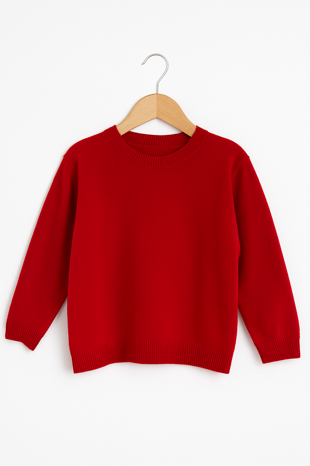 Ein schlichter, langärmeliger roter Kaschmir Strickpullover Kinder von Princess Goes Hollywood hängt auf einem Holzbügel vor weißem Hintergrund. Er hat einen Rundhalsausschnitt, gerippte Bündchen und einen gerippten Saum und ist aus 100% Kaschmir ohne Muster oder Verzierungen.