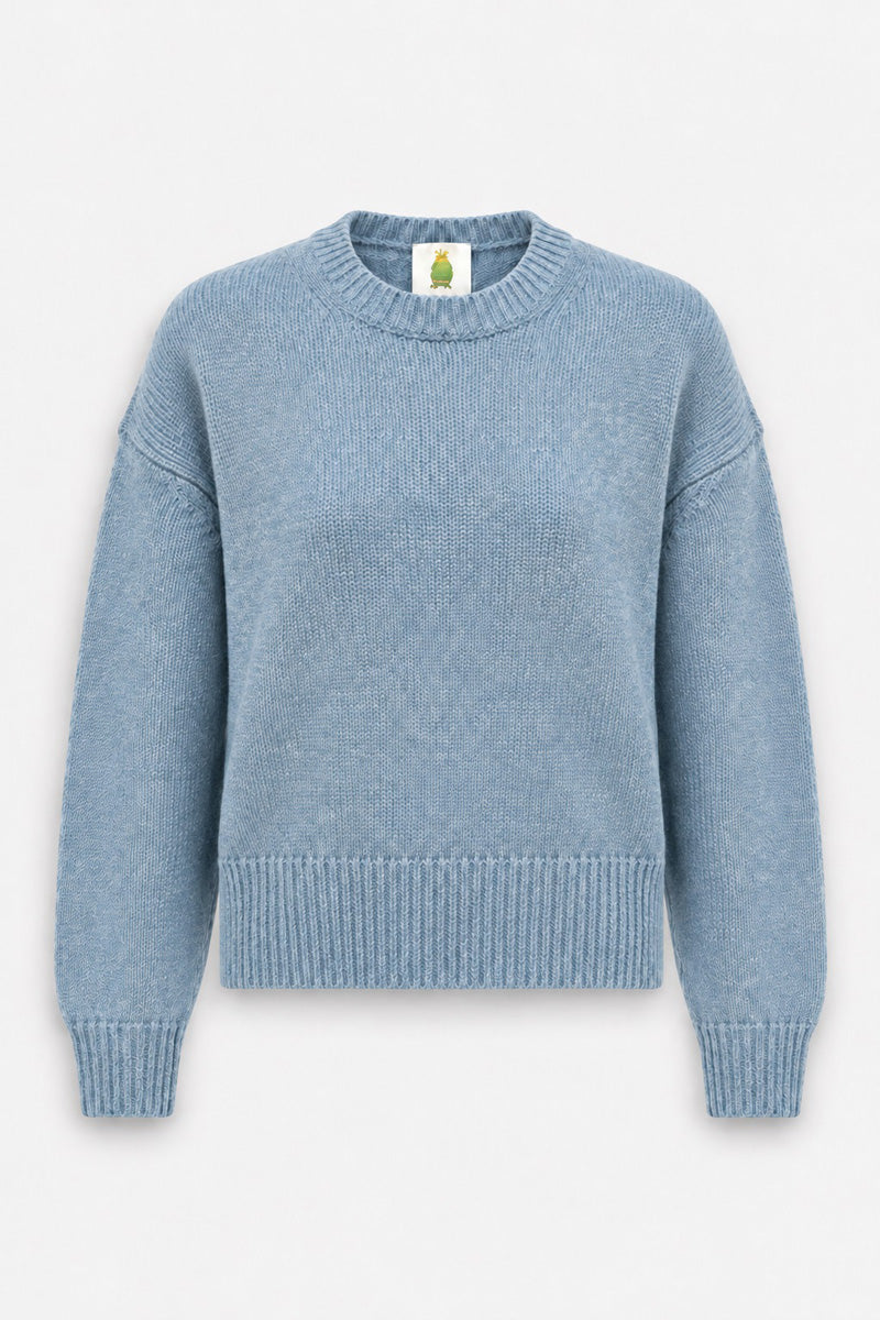 Ein staubblauer, langärmeliger Damenpullover mit geripptem Rundhalsausschnitt, geripptem Saum und gerippten Bündchen. Der locker sitzende Pullover hat überschnittene Schultern und ein kleines Etikett mit einer grünen Ananas-Grafik im Kragenbereich.