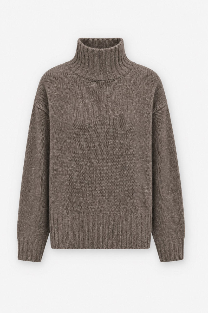 Ein brauner Rollkragenpullover aus grobem Strick mit langen Ärmeln und breiten Rippbündchen an Kragen, Ärmelbündchen und Saum, präsentiert vor einem schlichten weißen Hintergrund als stilvoller Strickpullover für Damen.