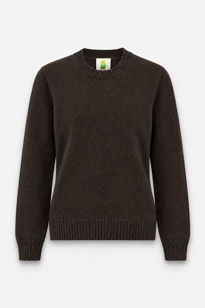 Ein dunkelbrauner, langärmeliger Kaschmirpullover mit Rundhalsausschnitt. Das Kleidungsstück verfügt über gerippte Ärmelbündchen, einen gerippten Saum und ein kleines Etikett an der Innenseite des Kragens mit einer Cartoon-Illustration eines Vogels.