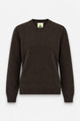 Ein dunkelbrauner, langärmeliger Kaschmirpullover mit Rundhalsausschnitt. Das Kleidungsstück verfügt über gerippte Ärmelbündchen, einen gerippten Saum und ein kleines Etikett an der Innenseite des Kragens mit einer Cartoon-Illustration eines Vogels.