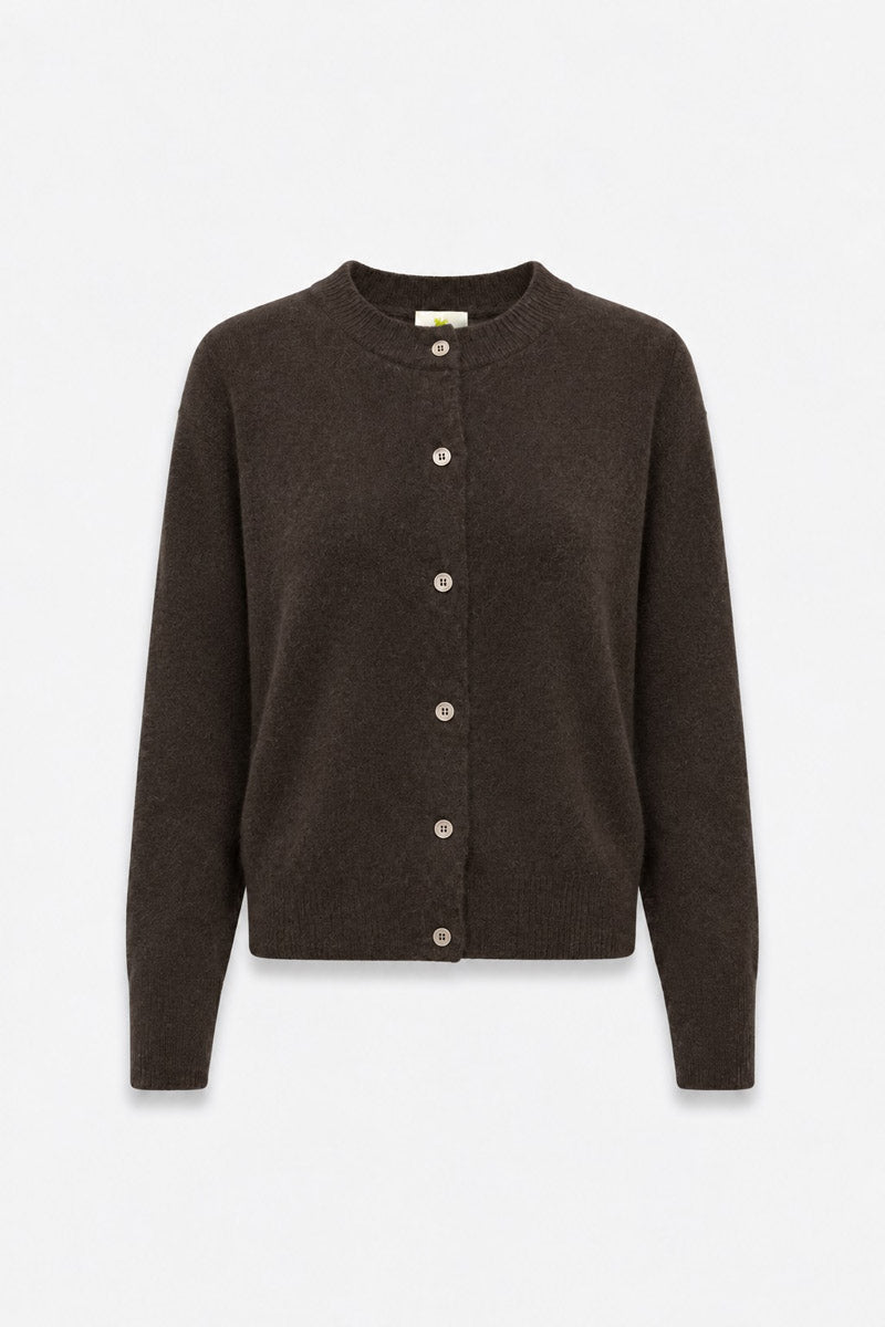 Eine dunkelbraune Kaschmir-Strickjacke mit Rundhalsausschnitt und langen Ärmeln. Das Strickteil ist vorne in der Mitte mit sechs hellen Knöpfen versehen, die sich von einem schlichten weißen Hintergrund abheben.