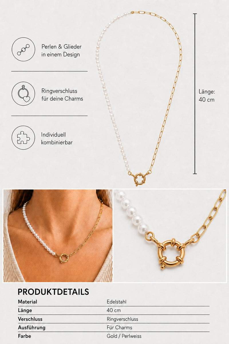 Eine 40 cm lange Halskette von Princess Goes Hollywood, die zur Hälfte aus weißen Perlen und zur Hälfte aus einer goldenen Edelstahlkette besteht, wird durch einen goldenen Ringverschluss zusammengehalten. Die Kette liegt eng am Hals an. Produktdetails finden Sie weiter unten; Abbildungen verdeutlichen das besondere Design und die Vielseitigkeit der Kette.