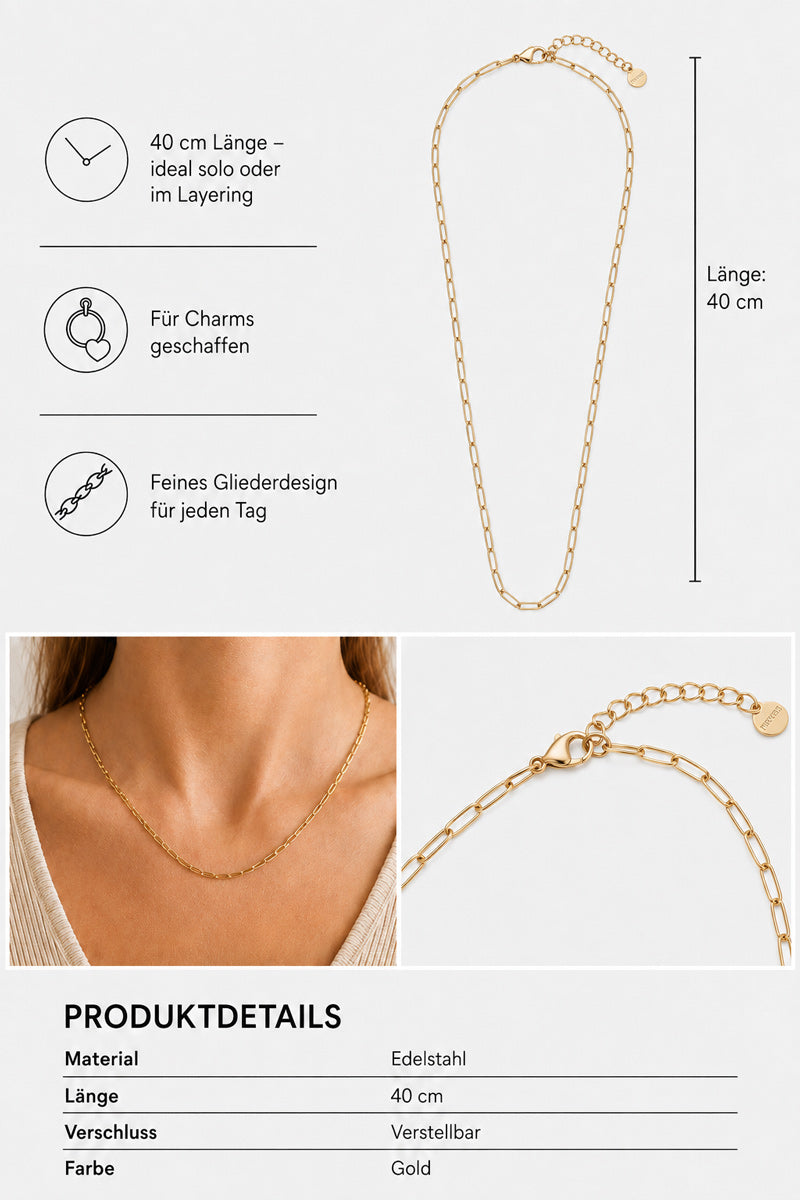 Die „Princess Goes Hollywood“-Goldkette (Halskette) mit länglichen Gliedern wird sowohl einzeln als auch am Hals getragen gezeigt. Die Nahaufnahme hebt den verstellbaren Verschluss und das elegante Gliederdesign hervor. Der Text gibt an, dass sie 40 cm lang ist, eine goldfarbene Oberfläche hat, aus Edelstahl gefertigt ist und sich perfekt zum Anbringen von Anhängern oder zum Kombinieren mit anderen Halsketten eignet.