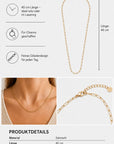Die „Princess Goes Hollywood“-Goldkette (Halskette) mit länglichen Gliedern wird sowohl einzeln als auch am Hals getragen gezeigt. Die Nahaufnahme hebt den verstellbaren Verschluss und das elegante Gliederdesign hervor. Der Text gibt an, dass sie 40 cm lang ist, eine goldfarbene Oberfläche hat, aus Edelstahl gefertigt ist und sich perfekt zum Anbringen von Anhängern oder zum Kombinieren mit anderen Halsketten eignet.